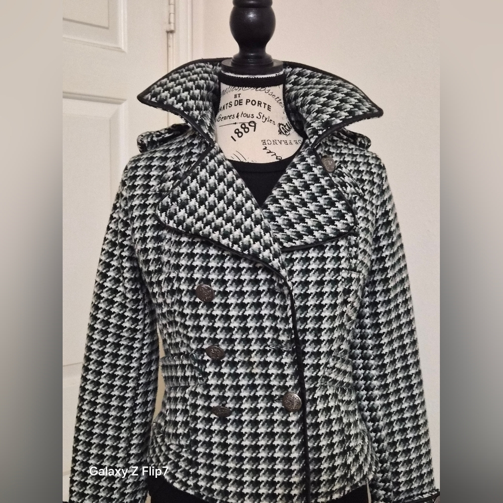 Jou Jou Emerald Green Black & White Houndstooth Pea Coat